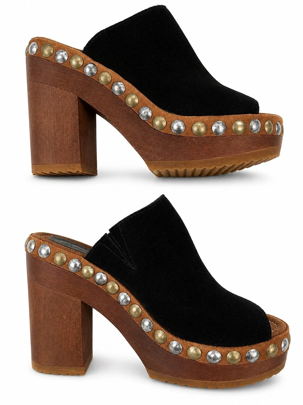 Jeffrey Campbell Free People platform wood & suede heel slides, mixed metal 8.5